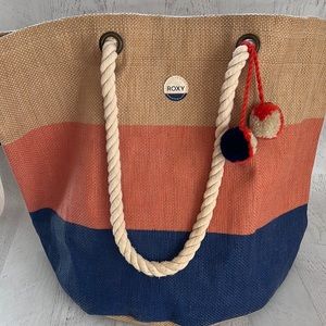 Roxy Bucket Style Straw Beach Bag with Rope Handles and tassels